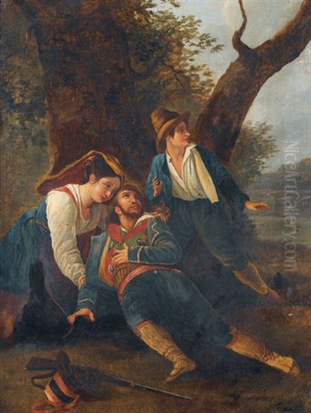 Verwundeter Brigant Mit Trachtenfrau Und Begleiter Oil Painting by Leopold-Louis Robert