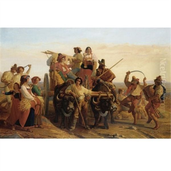 La Halte Des Moissonneurs Dans Les Marais Pontins Oil Painting by Leopold-Louis Robert