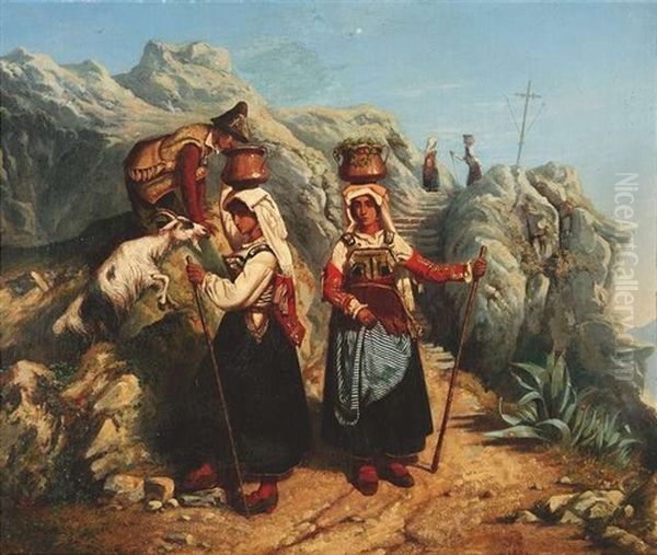 Ziegenhirte Mit Zwei Italienischen Bauernmadchen Auf Einem Gebirgspass Oil Painting by Leopold-Louis Robert