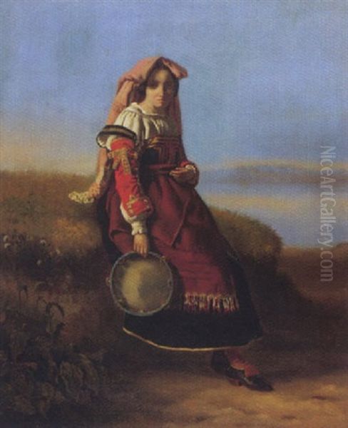 Junge Italienische Bauerin Mit Tamburin Oil Painting by Leopold-Louis Robert