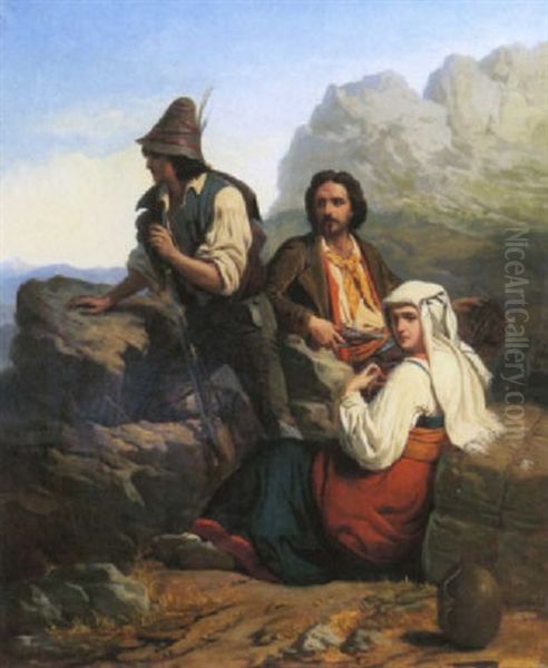 Zwei Briganten Und Junge Frau In Gebirgslandschaft Oil Painting by Leopold-Louis Robert