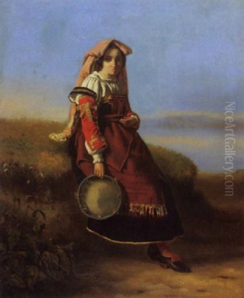 Junge Italienische Bauerin Mit Tamburin Oil Painting by Leopold-Louis Robert