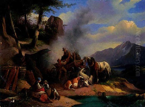 La Charette Arretee Oil Painting by Leopold-Louis Robert