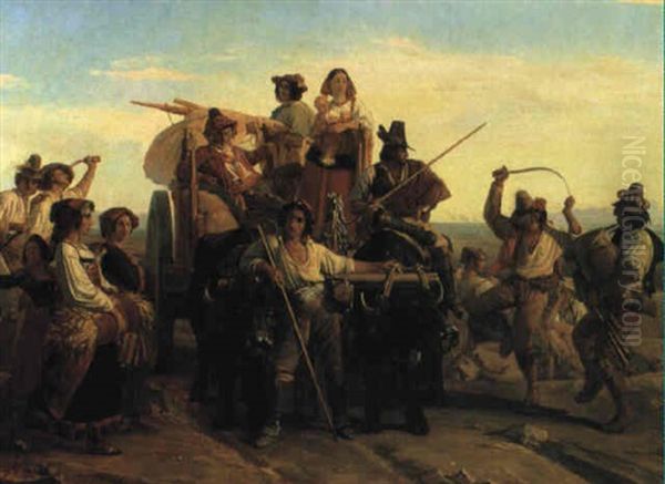 L'arrivo Dei Mietitori Nelle Paludi Pontine Oil Painting by Leopold-Louis Robert