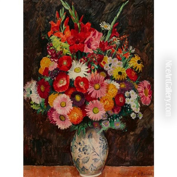 Sommerlicher Blumenstrauss In Keramikvase Oil Painting by Paul Theophile Robert