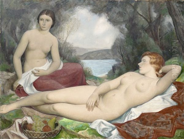 Deux Baigneuses Avec Corbeille De Fruits Oil Painting by Paul Theophile Robert