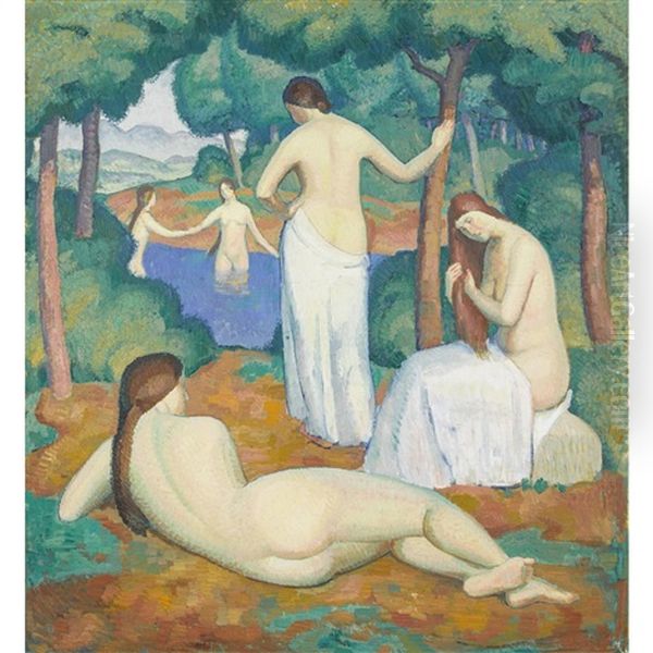 Cinq Baigneuses Oil Painting by Paul Theophile Robert