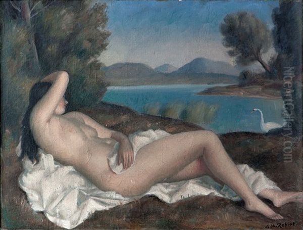 Weiblicher Akt - Leda Und Der Schwan Oil Painting by Paul Theophile Robert