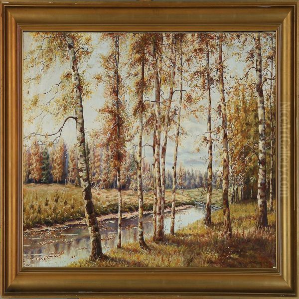 Stream In A Birch Forest Oil Painting by Alexandr Alekseevich Borisov