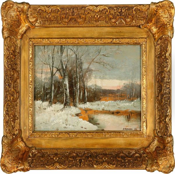 Northern Russian Winter Landscape Near A Forest Atsunset Oil Painting by Alexandr Alekseevich Borisov