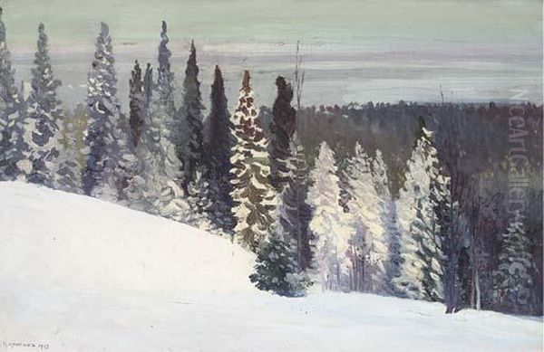 Fir Trees In A Winter Landscape Oil Painting by Alexandr Alekseevich Borisov