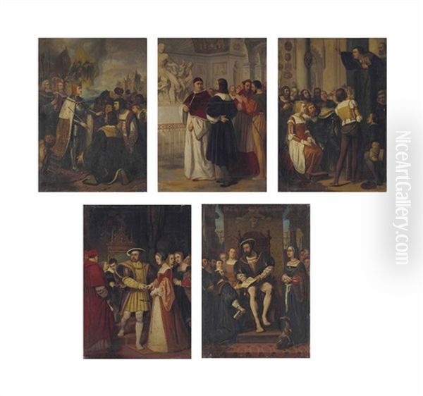 L'arrivee De Charles-quint En Espagne; Guillaume Bude Presente A Francois 1er Le Premier Livre Imprime; Leon X Et Raphael Au Vatican; Henry Viii Chassant De Sa Presence Le Cardinal Wolsey; Et Luther Prechant La Reforme (5 Works) Oil Painting by Joseph Nicolas Robert-Fleury