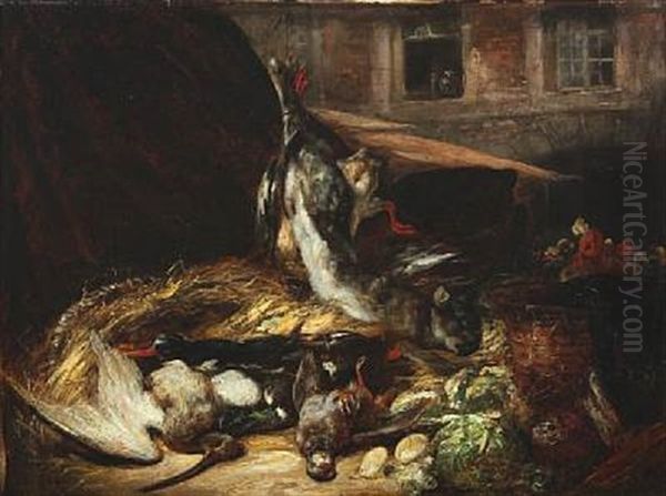 Nature Morte With Birds Oil Painting by Joseph Nicolas Robert-Fleury