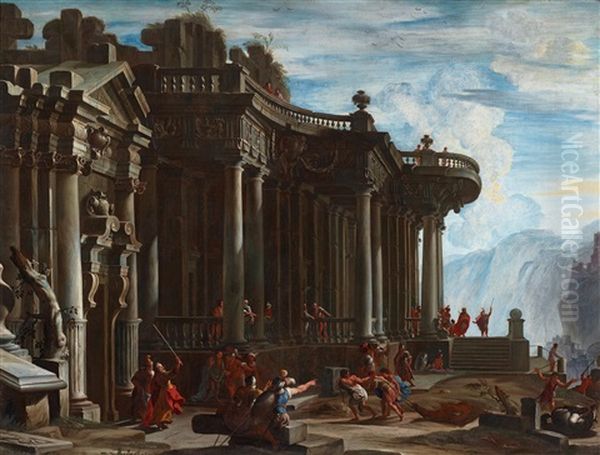 An Architectural Capriccio With The Death Of Livestock - Fifth Plague Of Egypt; And An Architectural Capriccio With Joseph And His Brothers In Front Of The Pharaoh Oil Painting by Domenico Roberti