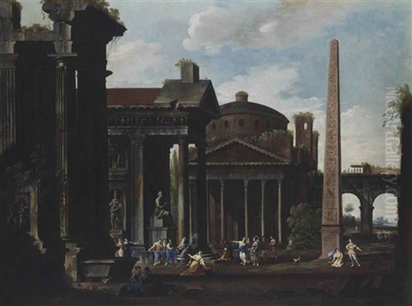 An Architectural Capriccio Of The Pantheon And Other Buildings, With Figures Making A Sacrifice To A Goddess, Figures Conversing And Dancing Amongst The Ruins Beyond Oil Painting by Domenico Roberti