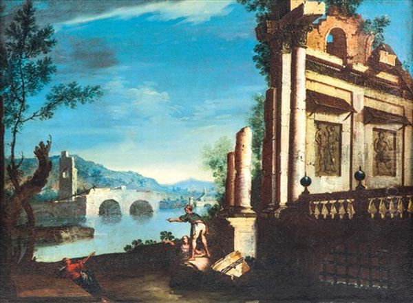 2 Bilder: A) Romische Ruinenarchitektur Mit Flusslandschaft B) Landschaft Mit Romischen Ruinen Und Personenstaffage Oil Painting by Domenico Roberti