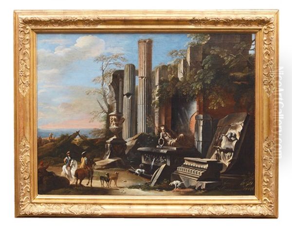 Ideal Landscape With Antique Ruins Oil Painting by Domenico Roberti