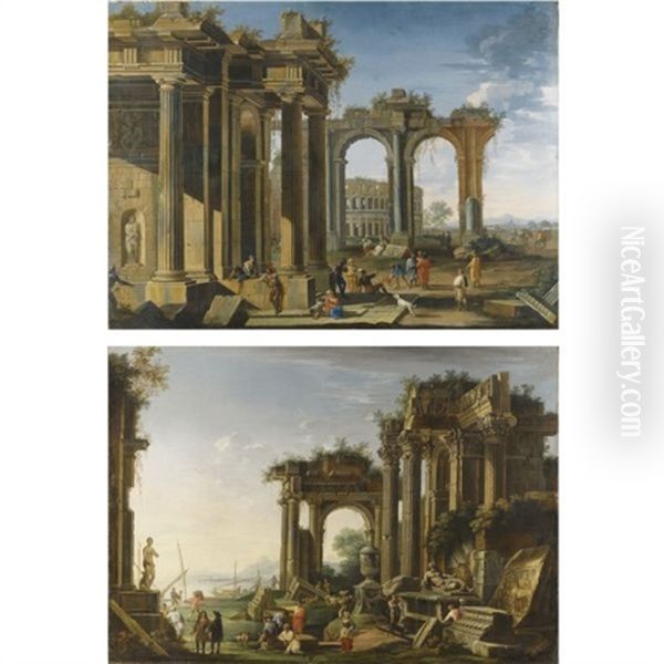 Capricci Of Roman Ruins With Soldiers And Merchants Conversing, The Colosseum And A Rocky Bay Beyond (+ A Coastal Landscape With Shepherds And Elegant Figures Amongst Ruins; Pair) Oil Painting by Domenico Roberti