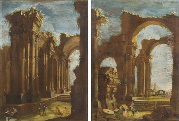 Ruines Antiques Animees De Personnages (pair) Oil Painting by Domenico Roberti