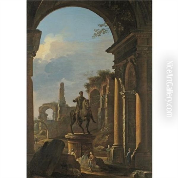 A Capriccio Of Roman Ruins With Figures By An Equestrian Statue Of Emperor Marcus Aurelius Oil Painting by Domenico Roberti