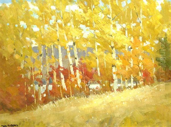 October Poplars Lake Kaminiskeg Oil Painting by Tom Roberts