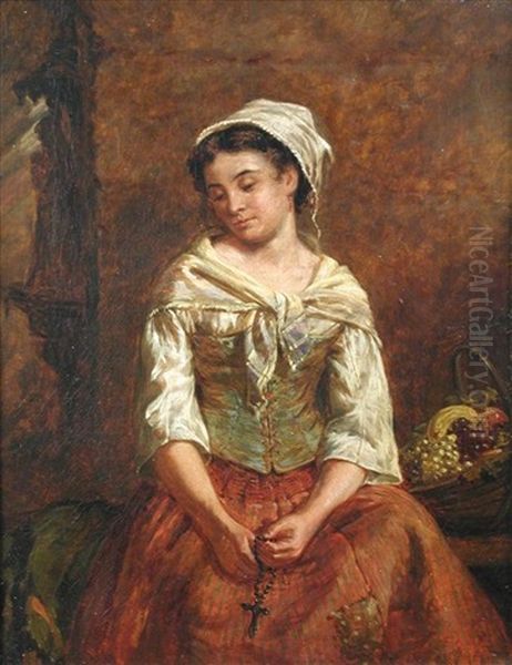 A Young Fruit Seller Holding A Rosary Oil Painting by Edwin Thomas Roberts