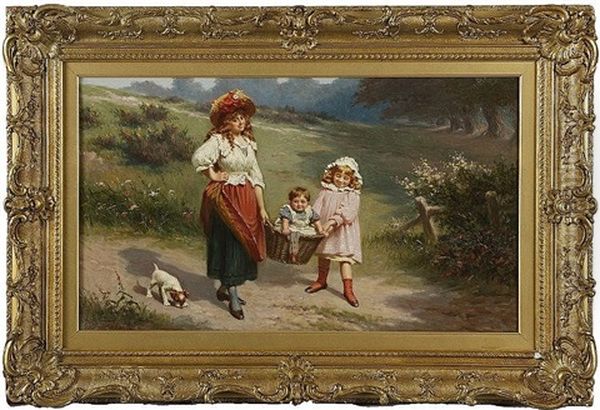 To Market To Buy A Fat Pig, Mother And Young Girl Carrying A Baby In A Basket Oil Painting by Edwin Thomas Roberts