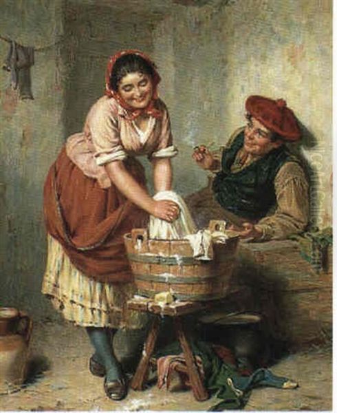 Et Kaerestepar, En Ung Mand Betragter En Ung Pige, Der      Vasker Toj Oil Painting by Edwin Thomas Roberts