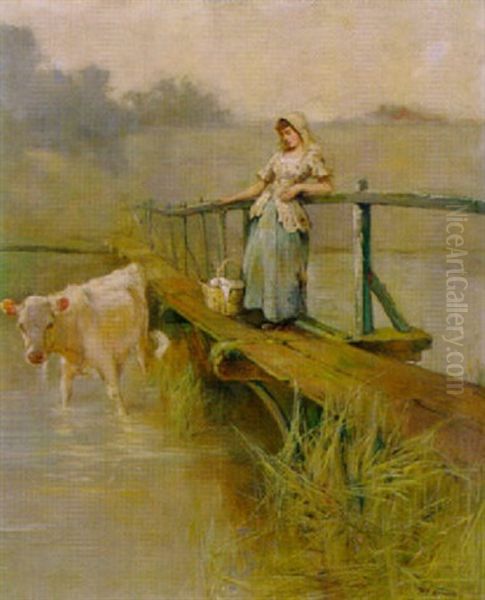 Junge Bauerin Auf Einem Holzsteg Am See Oil Painting by Henry Benjamin Roberts