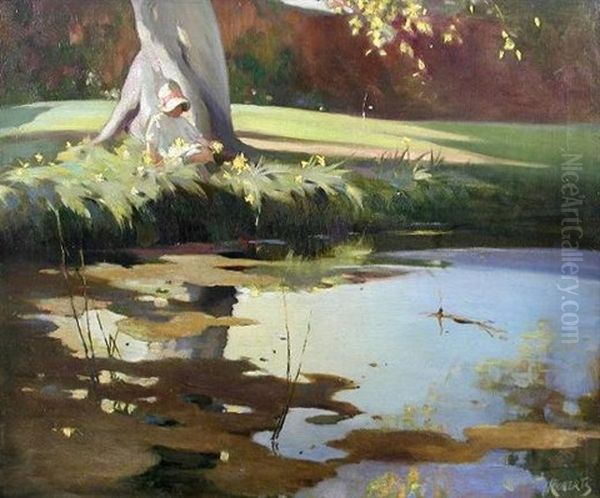 A Small Girl Sitting Amongst Daffodils On A River Bank Oil Painting by Lancelot Roberts