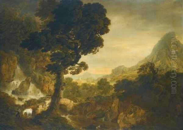 A Landstorm; A Mountainous Landscape With Travellers On A Bridge Oil Painting by Thomas Roberts