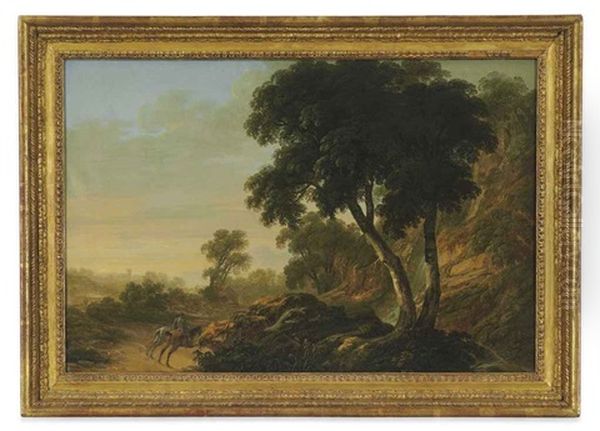 A Wooded Landscape With A Waterfall (at Powerscourt?) And Riders On A Path In The Foreground, A Church In The Distance Oil Painting by Thomas Roberts