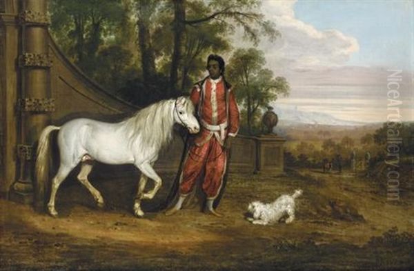 Gerald Fitzgerald's Negro Servant Holding "bold Sir William" In A Landscape, A Poodle Beside Oil Painting by Thomas Roberts