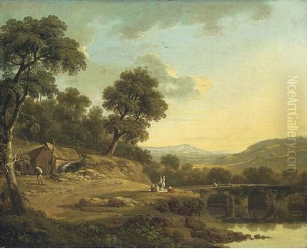 A Wooded River Landscape With Travellers On A Bridge, Women Winnowing, And A Labourer By A Mill In The Foreground Oil Painting by Thomas Roberts