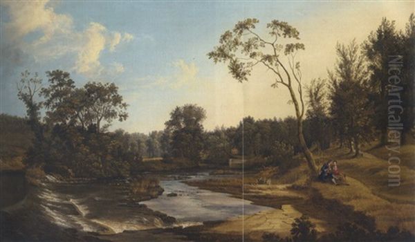 A View Of The Weir In Lucan House Demesne, Co. Dublin, With An Elegant Couple Seated Under A Tree In The Foreground Oil Painting by Thomas Roberts