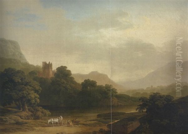 An Extensive Lakeside Landscape, With A Ruined Castle On A Hill, And Figures Loading A Cart In The Foreground Oil Painting by Thomas Roberts