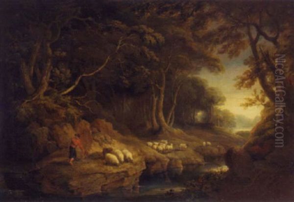 A Wooded Landscape With A Shepherd Boy With His Shep By A Stream Oil Painting by Thomas Roberts