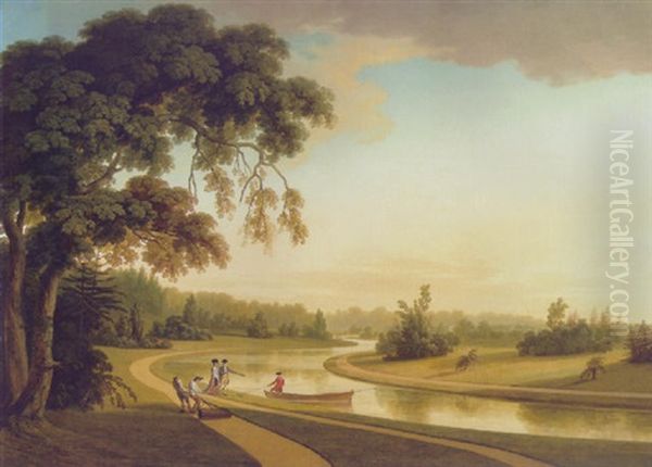 The Sheet Of Water At Canton Park, Co. Kildare, With The Duke And Duchess Of Leicester Out Walking Oil Painting by Thomas Roberts