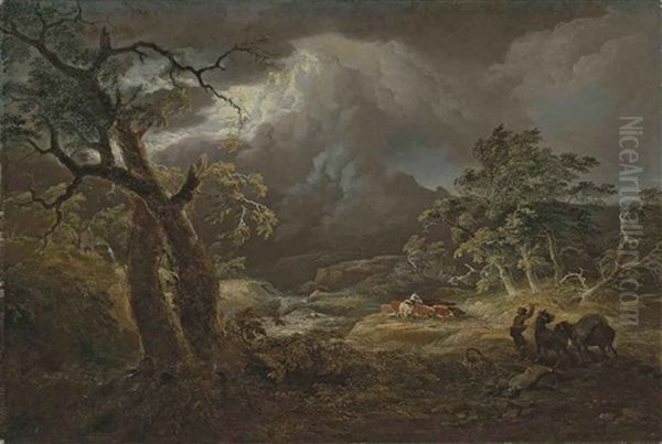 A Stormy River Landscape, With Herdsmen Oil Painting by Thomas Sautelle Roberts