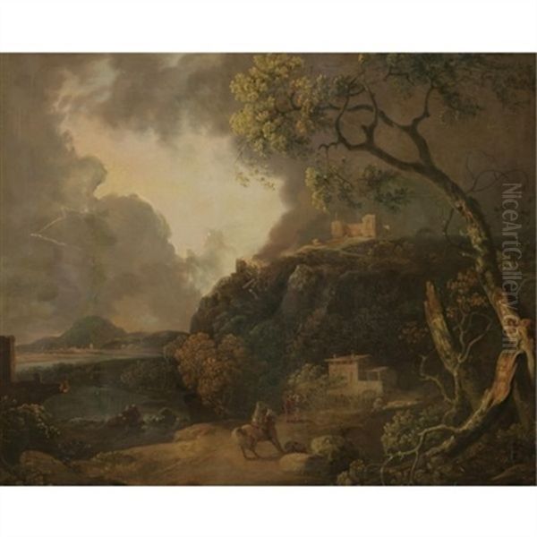 A Capriccio Landscape With Lightening Striking A Hill Top Oil Painting by Thomas Sautelle Roberts