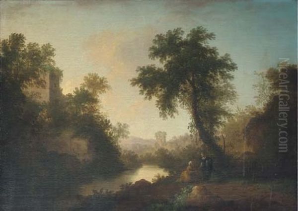 A Wooded River Landscape With Figures Beside The River In The Foreground And Ruins Beyond Oil Painting by Thomas Sautelle Roberts