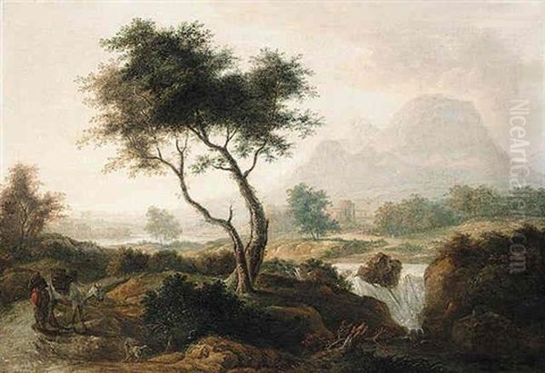 Landscape With Figure And Mule On A Path, And A Waterfall, Mountains Beyond Oil Painting by Thomas Sautelle Roberts