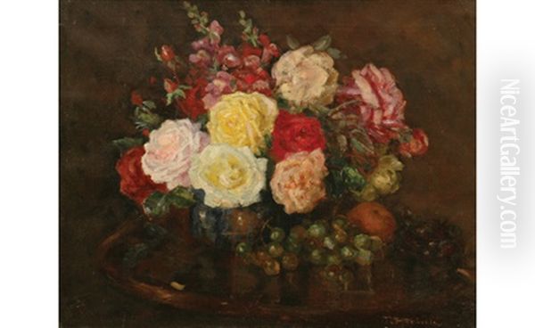 Still Life With Roses And Grapes Oil Painting by Thomas William Roberts