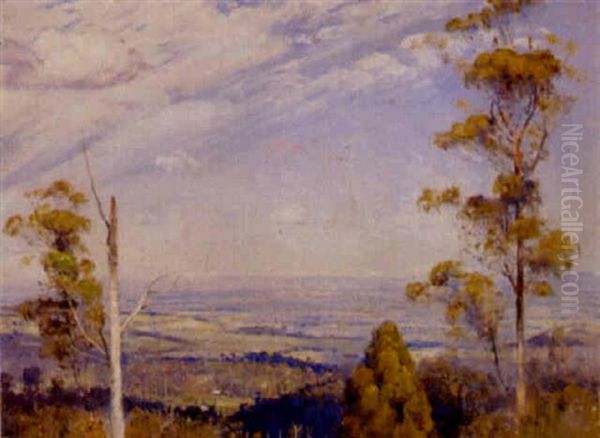 View From Hills Across Plain To Distant Hills Oil Painting by Thomas William Roberts