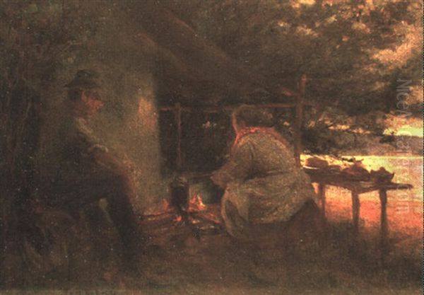 A Camp Fire Scene Oil Painting by Thomas William Roberts