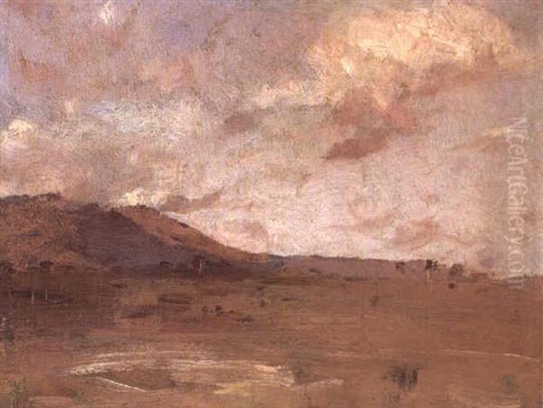 Untitled (landscape Study With Distant Hills) Oil Painting by Thomas William Roberts