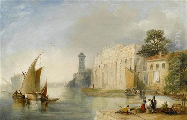 A Venetian Harbour Scene Oil Painting by David Roberts