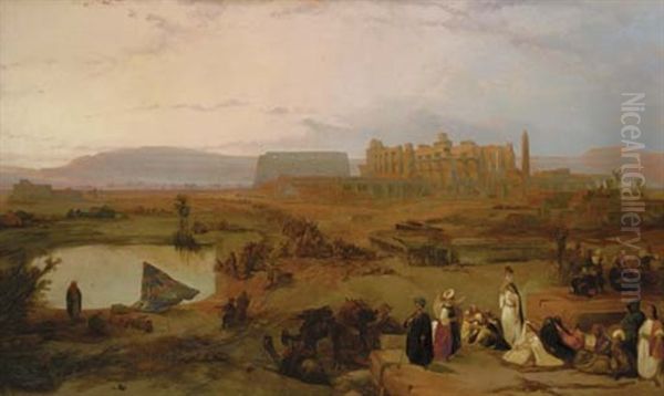 Ruins Of The Great Temple At Karnak, Upper Egypt, Looking Towards The Lybyan Chain Of Hills, Called Baban El Malouk (the Gate Of Kings) In Which Are The Excavated Tombs Of The Kings Of Thebes - Sunset Oil Painting by David Roberts