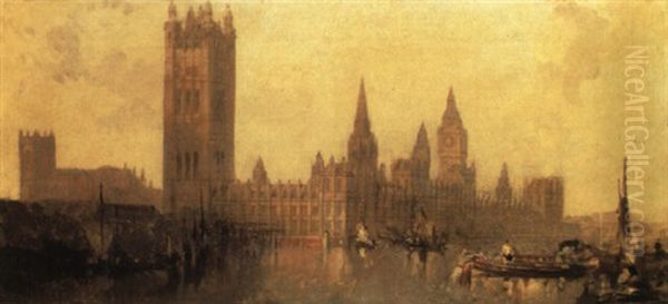 The Houses Of Parliament, Westminster, With Figures In Boats On The Thames Oil Painting by David Roberts