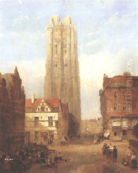 Malines - Looking Towards St. Rombaut's Cathedral Oil Painting by David Roberts